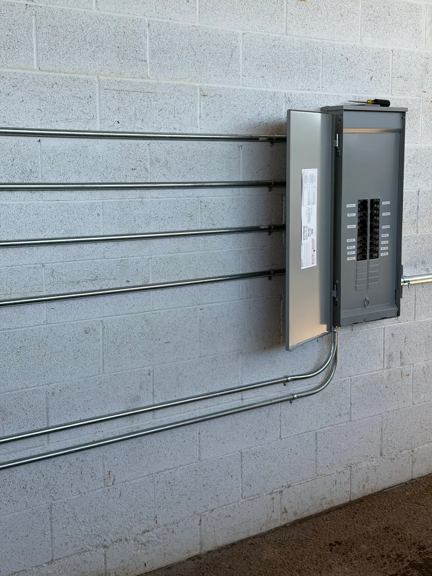 Clean commercial load center install with EMT conduit runs